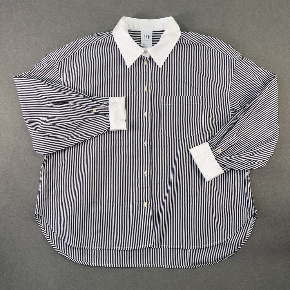 Women's GAP The Big Shirt Long‎ Sleeve Striped Button Up White/Navy Blue Size L
